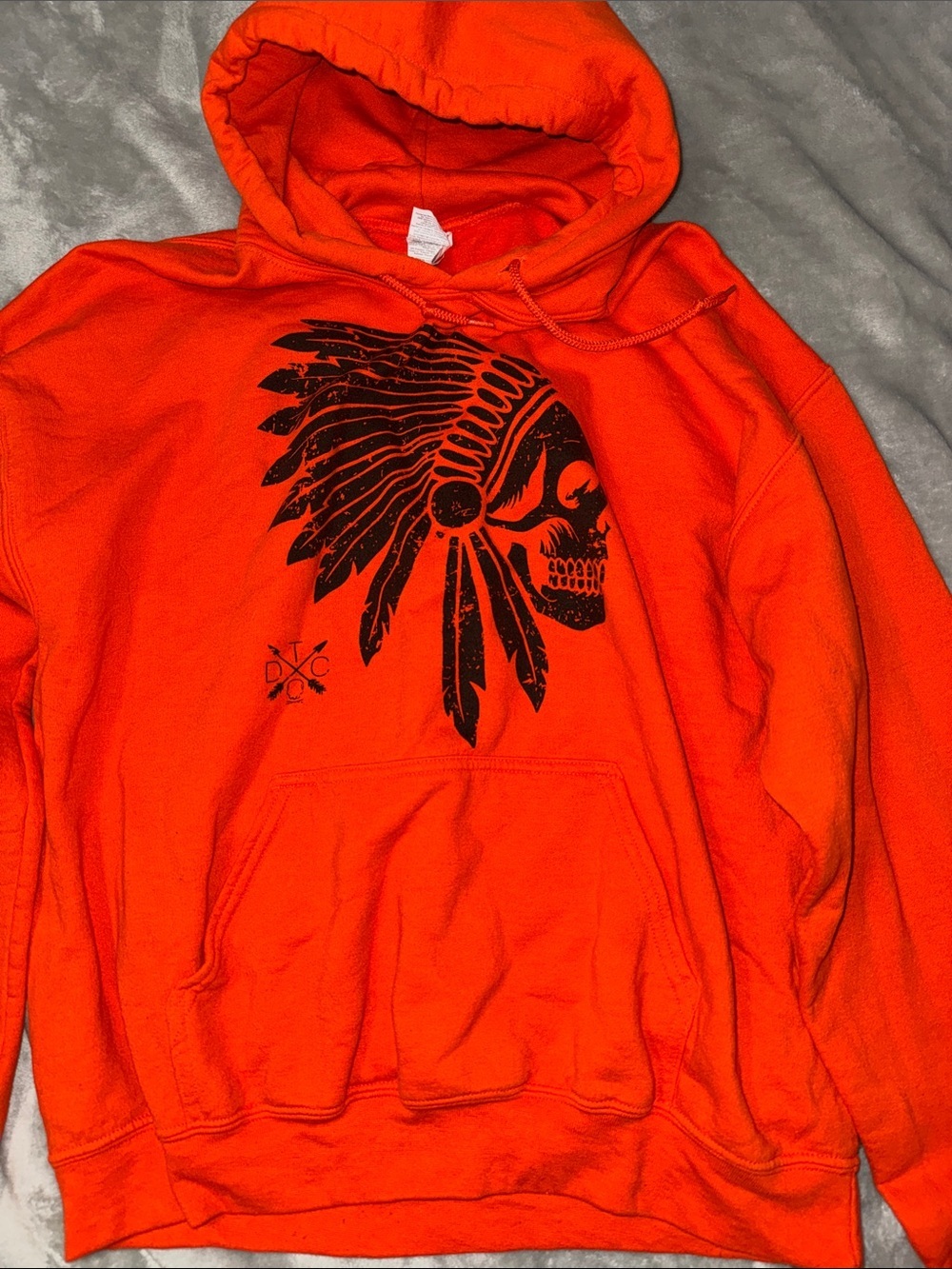 Men's Bright Orange Crewneck Hoodie with Black Skull Headdress Graphic